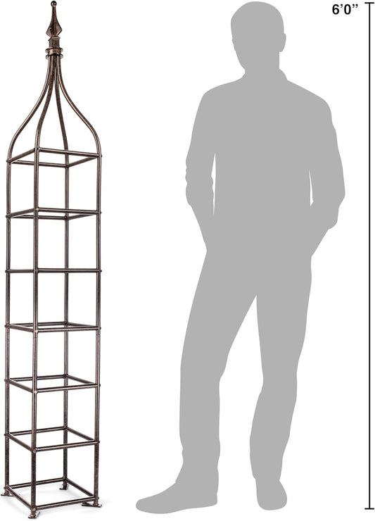 H Potter Trellis Obelisk Tall Metal Garden Decor Vertical Yard Art for Roses Climbing Plants Weather Resistant Wrought Iron Ornamental (Charcoal Brown, 6 Foot)