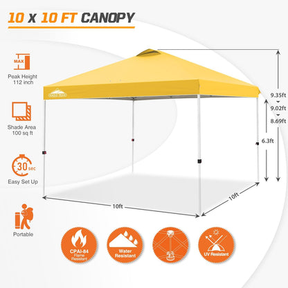 EAGLE PEAK Pop Up Canopy Tent with Wheeled Carry Bag, 8 Stakes, 4 Ropes, 4 Weight Bags, Easy Set Up Tent Canopy, 10x10 ft, 100sqft of Shade, Yellow