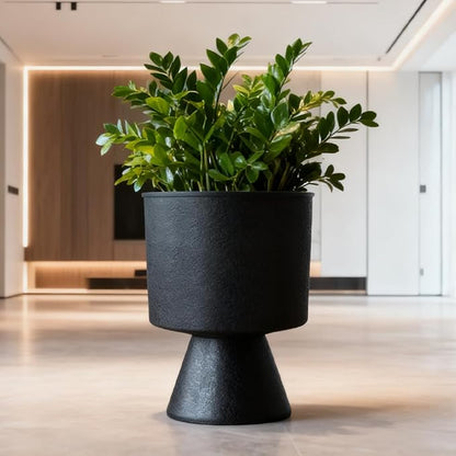 Lookat Modern Hourglass Planter, Indoor Decorative Plastic Plant Container, Textured Metal Look, Contemporary Home Garden Pot (Black, CUP003 Small+Medium)