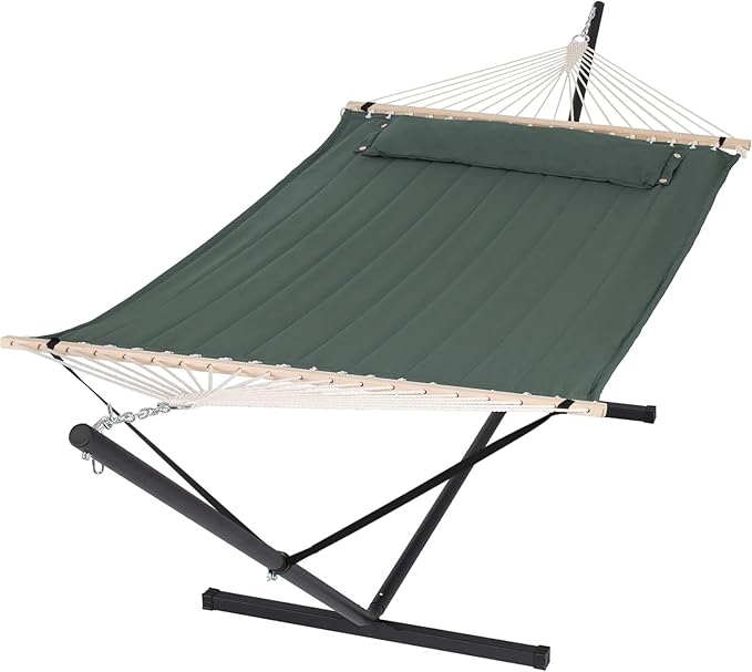 SUNCREAT Hammocks Extra Large Double Hammock with 12 ft Stand, 475lbs Capacity, Outdoor Portable Hammock with Hardwood Spreader Bar, Extra Large Pillow, Gray Green