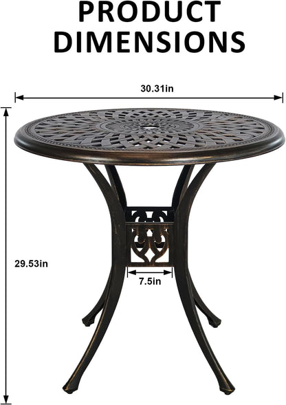 30.7" Outdoor Round Cast Wrought Aluminum Patio Metal Dining Table with Umbrella Hole, Cast Aluminum Frame Bistro Table for Backyard Lawn Balcony Deck, Bronze