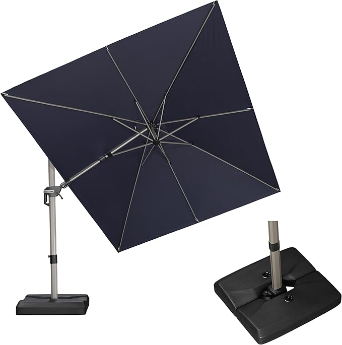 PURPLE LEAF 9' X 12' Left-right Tilting Patio Umbrella with Base Outdoor Swivel Cantilever Offset Aluminum Umbrella with Champagne Frame and 360-degree Rotation for Garden Deck Pool, Navy Blue