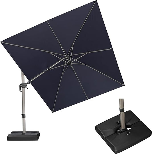 PURPLE LEAF 9' X 12' Left-right Tilting Patio Umbrella with Base Outdoor Swivel Cantilever Offset Aluminum Umbrella with Champagne Frame and 360-degree Rotation for Garden Deck Pool, Navy Blue