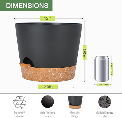 12inch Large Self Watering Plant Pot, Plastic Cylinder Planter with 60Oz Deep Reservoir and Saucer for Indoor Outdoor Plants Flowers Houseplants, Black with Brown