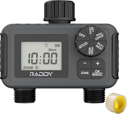 Raddy WS-5 Sprinkler Timer 2 Zone, Programmable Water Hose Timer 2 Outlet for Garden, Outdoor Automatic Irrigation System IP55 Waterproof with Rain Delay/Manual for Lawn, Yard, Pool