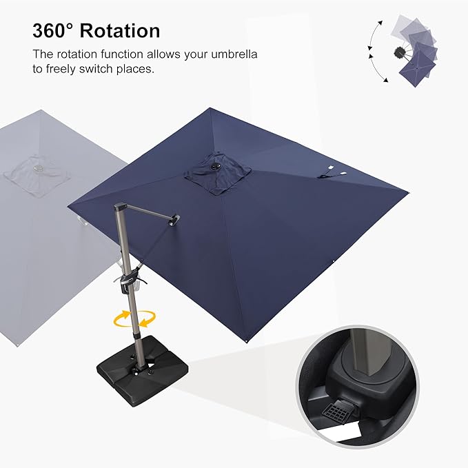 PURPLE LEAF 9' x 11' Patio Umbrella with Base Cantilever Umbrella Rectangular Outdoor Offset Umbrella with Champagne Frame and 360° Rotation for Garden Deck Pool, Navy Blue