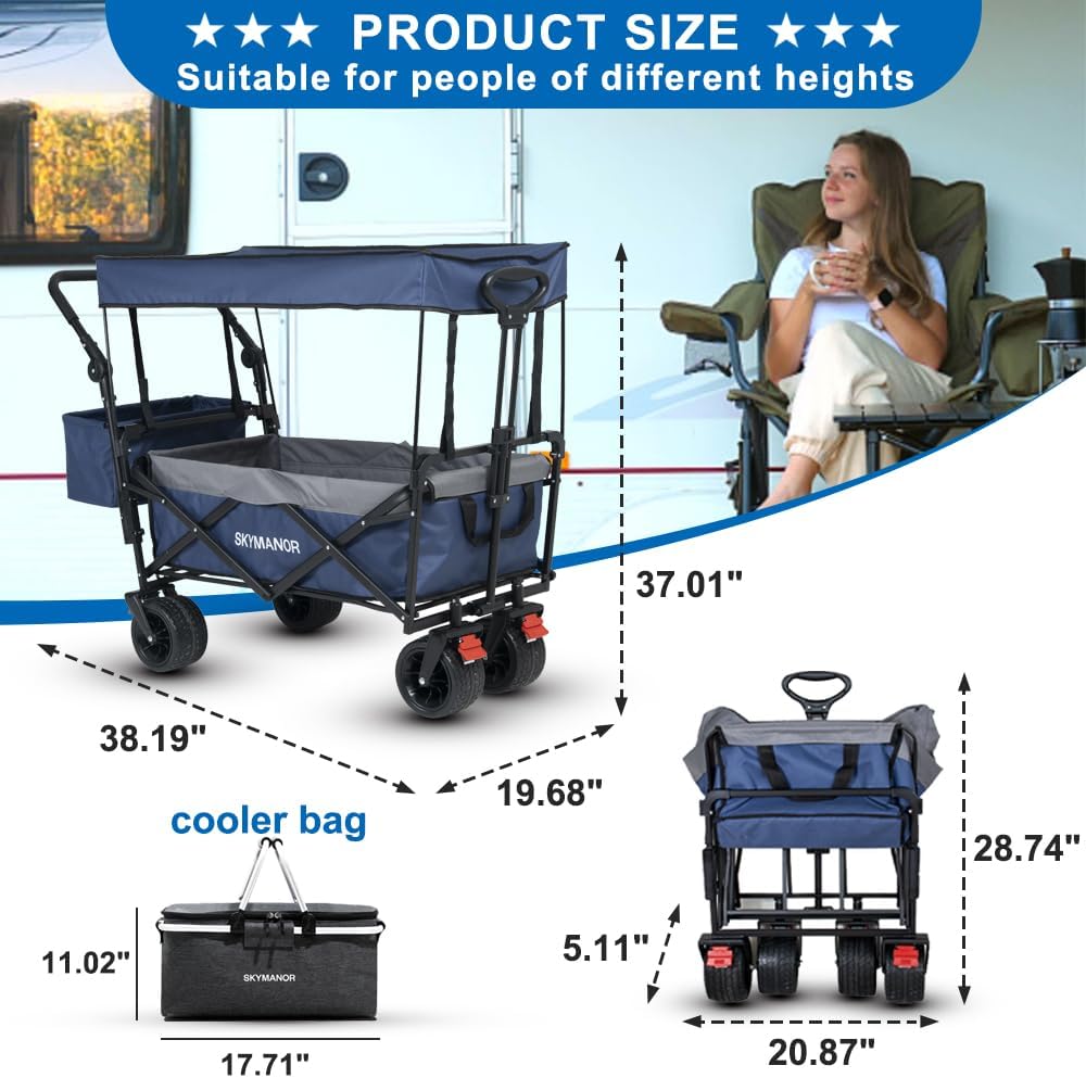 SKYMANOR Collapsible Wagon with Removable Canopy, 3-in-1 Heavy Duty Garden Cart with Big All-Terrain Wheels, Brakes, Adjustable Push Pull Handle, Cooler Bag, 300LBS Wagon Cart for Camping (Blue)