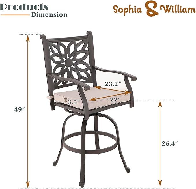 Sophia & William 3 Pieces Cast Aluminum Patio Bar Set, Round Outdoor Bar Table and 2 Swivel Bar Counter Height Chairs Set, Modern Patio Pub Bistro Set with Outdoor Stools