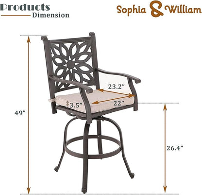 Sophia & William 3 Pieces Cast Aluminum Patio Bar Set, Round Outdoor Bar Table and 2 Swivel Bar Counter Height Chairs Set, Modern Patio Pub Bistro Set with Outdoor Stools