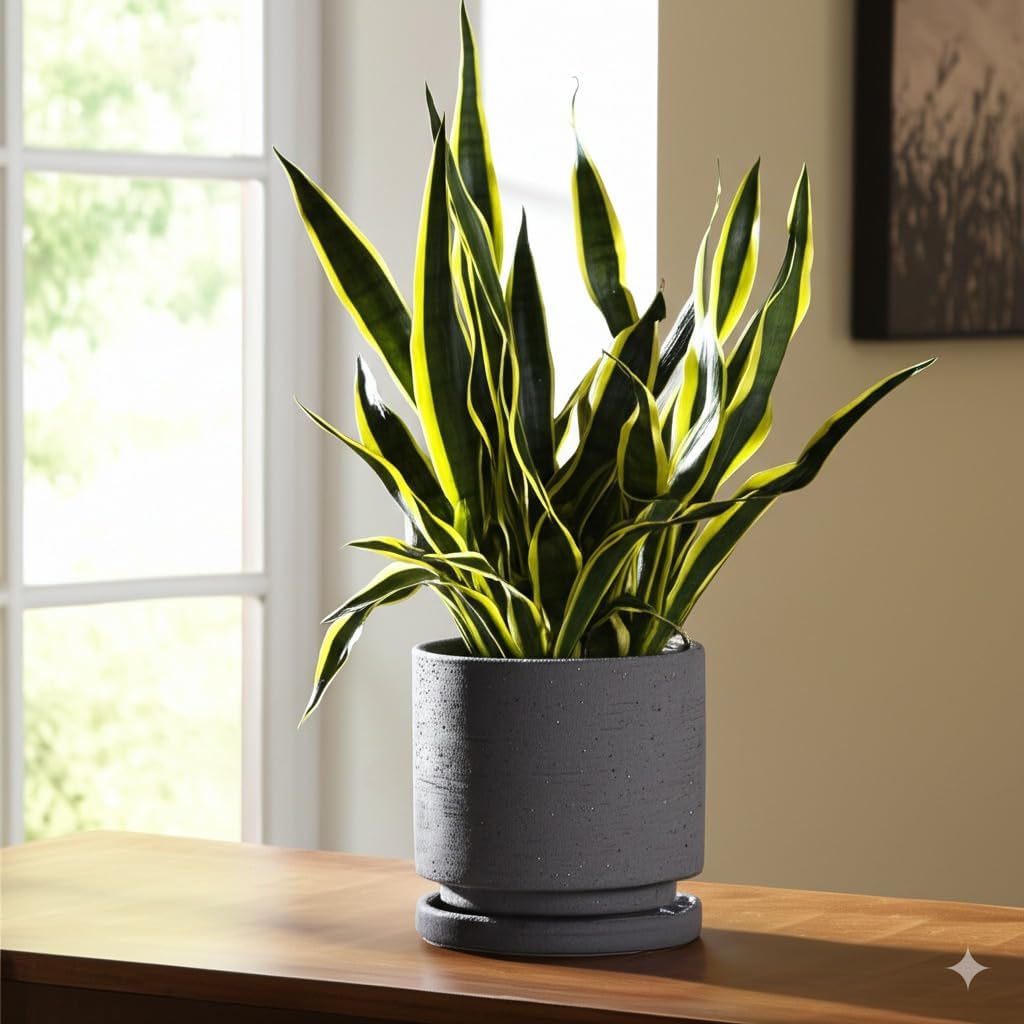 Nihow 5.7 Inch Plant Pot, Ceramic Pots for Plants with Drainage Hole and Saucer, Plant Pots Indoor for Home Garden Patio Office, Cylinder Planters for Indoor Plants, Charcoal Gray