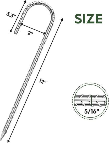 12 inches Ground Stakes Heavy Duty 28 Pieces Metal Fence Rebar Stake 5/16" Diameter J Hook Ground Spikes, Tent Stakes, Swing Set and Gazebo Anchors