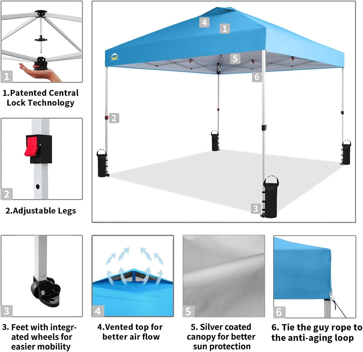 Crown Shades 10x10 Pop Up Canopy - Beach Tent with One Push Setup - Outdoor Sun Shade for Events, Parties, Camping - Gazebo with STO-N-Go Cover Bag, Silver Coated Top, 3 Height& 4 Sand Bags, Sky Blue