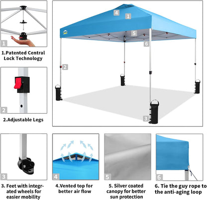 Crown Shades 10x10 Pop Up Canopy - Beach Tent with One Push Setup - Outdoor Sun Shade for Events, Parties, Camping - Gazebo with STO-N-Go Cover Bag, Silver Coated Top, 3 Height& 4 Sand Bags, Sky Blue