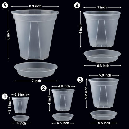 GREENPARA Transparent Plastic Garden Pots Planter with Saucer 4/5 /6/7 /8 inch Plant Pot Nursery Pots Drainage Hole for House Plants, Herb, Flowers, and Cactus with 10pcs Plant Labels, 5-Set