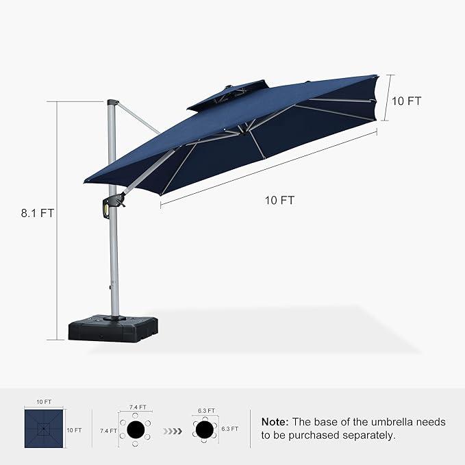 PURPLE LEAF 10ft Cantilever Outdoor Patio Umbrella Large Heavy Duty 360° Rotation Double Top Offset Rectangular Umbrellas for Backyard Deck Pool, Spectrum Indigo