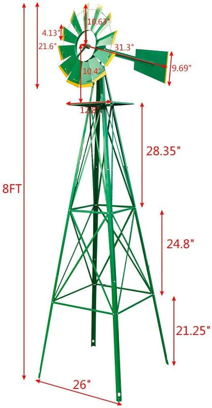 8FT Windmill for Yard Garden Decoration with Weather Vanes，Heavy Duty Outdoor Wind Mills, Large Metal Outdoor Windmill, Weather Resistant,Green