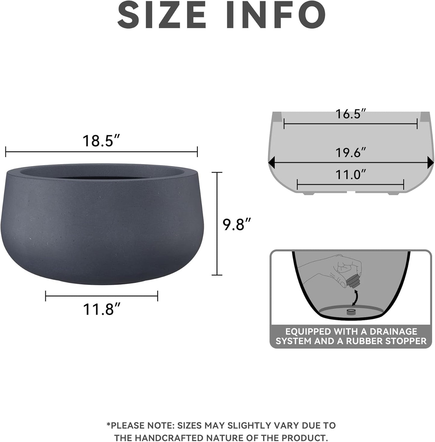 Kante 19.6" Dia Round Concrete Planter, Cement Plant Pots with Drainage Hole and Rubber Plug for Outdoor Indoor Garden Home, Modern Curvaceous Design, Dark Gray