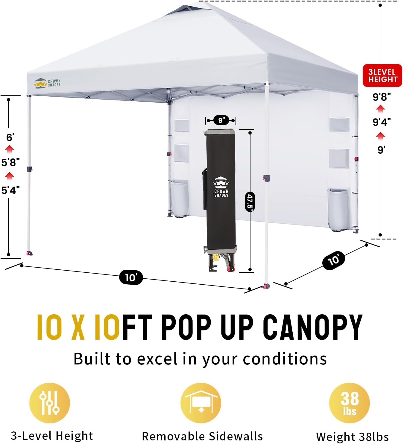 CROWN SHADES Canopy Tent 10x10 Pop Up Canopy Outdoor Shade with Pockets Sidewall, Easy Up Sun Shelter with One Person Set Up Center Lock, Portable Instant Camping Beach Canopy Tents, White