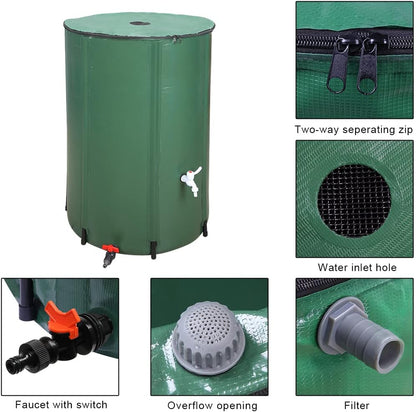 132 Gallon Collapsible Rain Barrel, Water Storage Tank, Portable Rainwater Collection System, Rain Catcher Barrel with Two Spigots and Overflow Kit, Rain Water Barrel Collector for Garden, Green