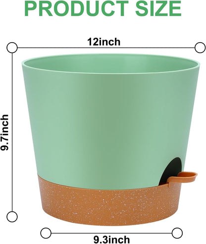 12 Inches Indoor Self Watering Planters with Drainage Holes and Saucers, 4 Pack (Green)