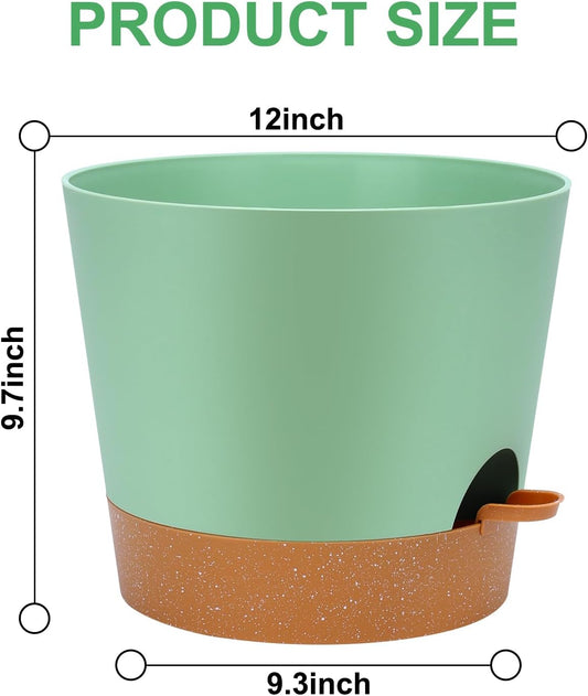 12 Inches Indoor Self Watering Planters with Drainage Holes and Saucers, 4 Pack (Green)