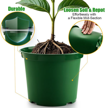 3 Gallon Plastic Nursery Pots, 10 Inch Round Plant Pots with Drainage Holes, 10 Pack Planting Pot for Outdoor Indoor Plants, Gardening Gifts for Women, Green