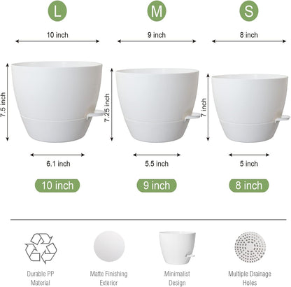 10/9/8 inch Self Watering Pots, Set of 3 Plastic Planters with Mesh Drainage Holes and Deep Reservoir for Indoor Outdoor Garden Plants and Flowers, White