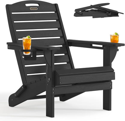Folding Adirondack Chair HDPE All-Weather Adirondack Chairs with Cup Holder, Outdoor Fire Pit Chairs Lawn Chair for Deck Patio Garden (Black)