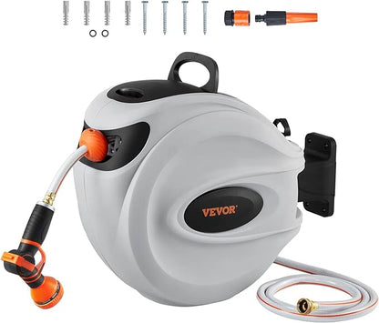 VEVOR Retractable Hose Reel, 65 ft x 5/8 inch, 180° Swivel Bracket Wall-Mounted, Garden Water Hose Reel with 9-Pattern Nozzle, Automatic Rewind, Lock at Any Length, and Slow Return System