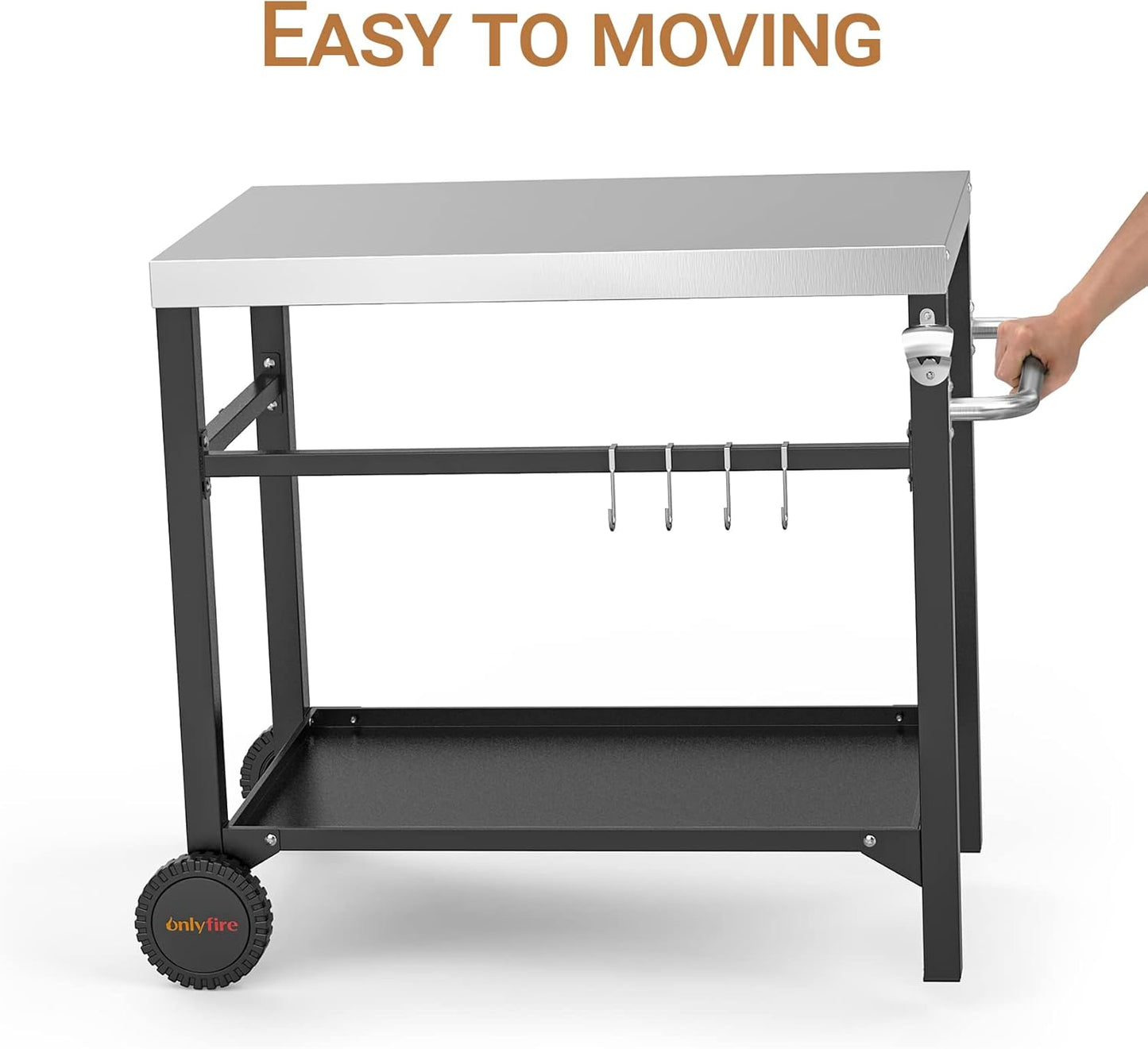 only fire Stainless Steel Movable Dining Cart Table, Pizza Oven Table, Multifunctional Utility Cart with Wheels for Outdoors, Kitchen or Backyard Patio