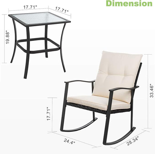 Vongrasig 3 Piece Outdoor Rocking Chair Set, PE Wicker Rattan Small Bistro Set, Front Porch Furniture Rocking Chairs Set of 2, Cushioned Patio Rocker Chair Set with Glass Table (Beige)