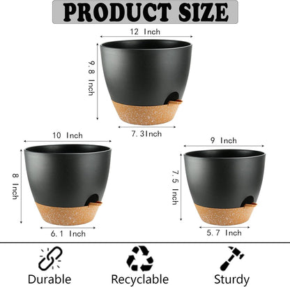 Large Self Watering Planters Plant Pots Outdoor 9/10/12 Inch for All House Plants Black Plastic Flower Pots with Drainage Hole Flower Pots for Indoor Plants Gift Idea for Home Decor
