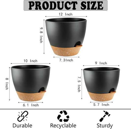 Large Self Watering Planters Plant Pots Outdoor 9/10/12 Inch for All House Plants Black Plastic Flower Pots with Drainage Hole Flower Pots for Indoor Plants Gift Idea for Home Decor