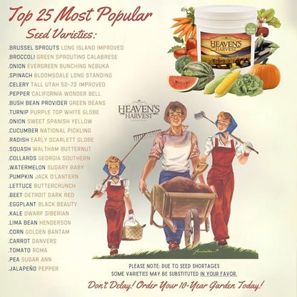 Heaven’s Harvest “10 Year Garden” Survival Seed Bank Kit | Over 75k Non GMO Heirloom Vegetable Survival Seeds + 2 Free Bonus Items: Clyde’s Garden Planner + Seed Vault Storage Drum for 10 Year Storage