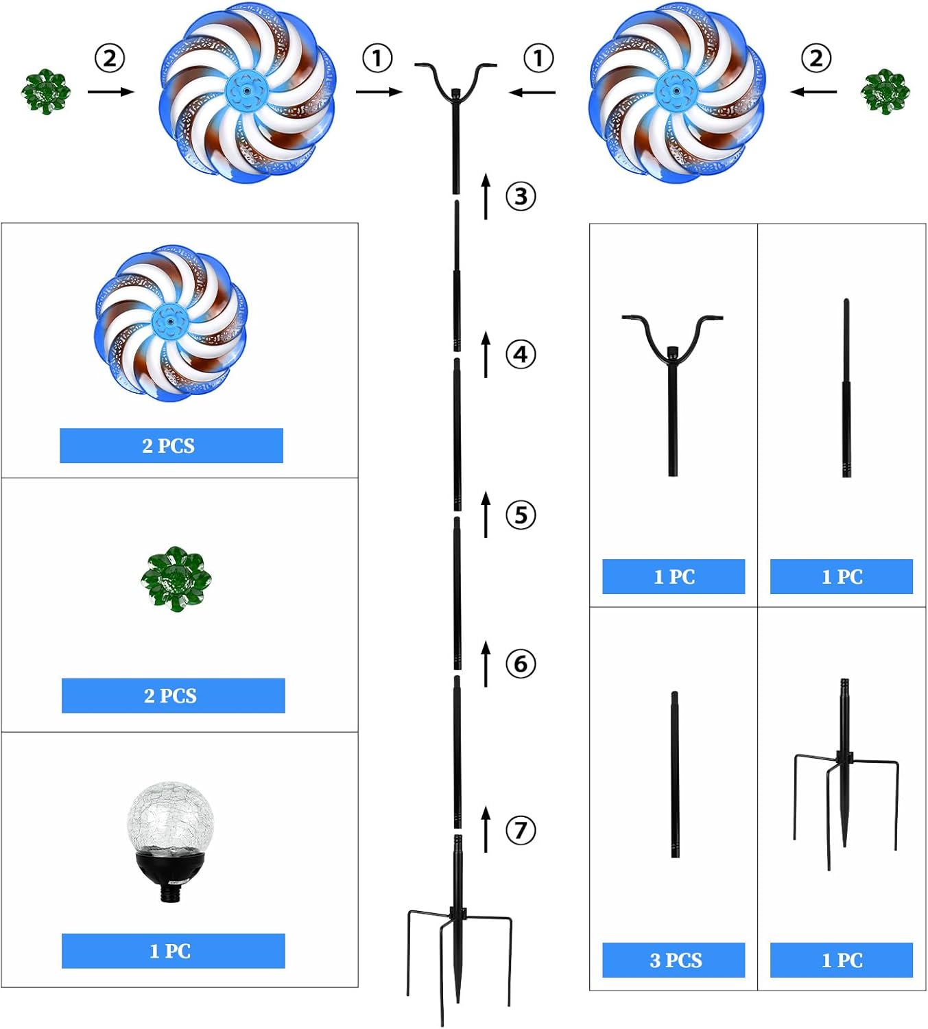 Wind Spinners Outdoor Clearance for Yard and Garden Metal Wind Spinners Outdoor 75 in Kinetic Art with Solar Powered Multi-Color Glass Ball Light for Backyard Lawn Decorations
