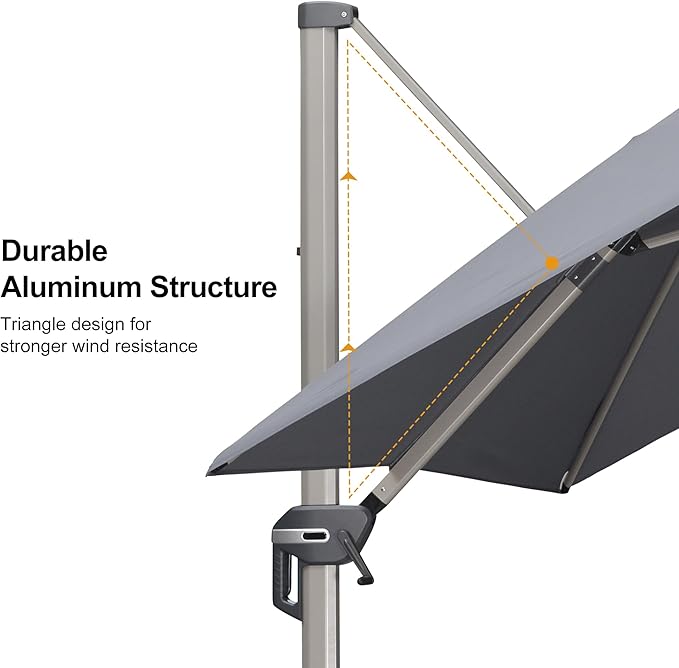 PURPLE LEAF 10FT Patio Umbrella with Base Cantilever Umbrella Square Outdoor Offset Umbrella with Champagne Frame and 360° Rotation for Garden Deck Pool, Light Grey