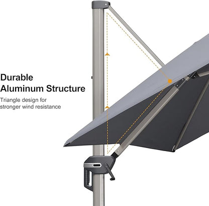 PURPLE LEAF 9' X 11.5' Patio Umbrella, Rectangle Outdoor Cantilever Umbrella, Aluminum Offset Umbrella with Champagne Frame and 360° Rotation for Pool Deck Garden, Light Grey