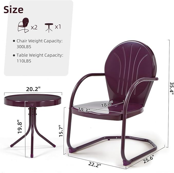 Patio Bistro Set Retro Metal Outdoor Seating Conversation 3 Pieces, 2 C-Spring Motion Armchairs and Round Side Table, for Porch, Lawn, Garden, Purple