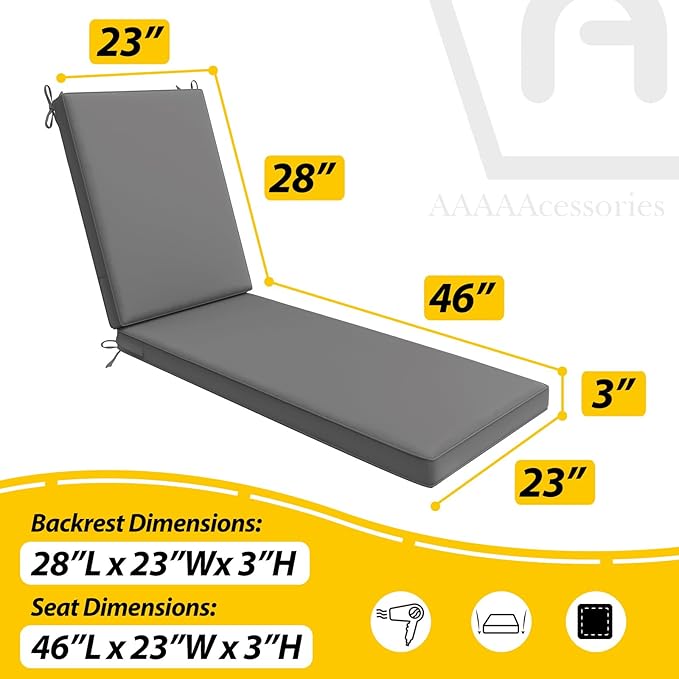 AAAAAcessories Outdoor Chaise Lounge Cushions, Waterproof, Fade-Resistant Patio Furniture Replacement Cushions, 74" x 23" x 3", Dark Gray