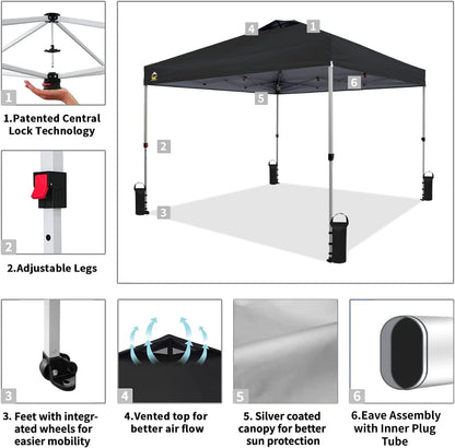 CROWN SHADES 10x10 Pop Up Canopy - Beach Tent with One Push Setup - Easy Outdoor Sun Shade for Events, Parties, Camping - Gazebo with STO-N-Go Cover Bag, Silver Coated Top, Black