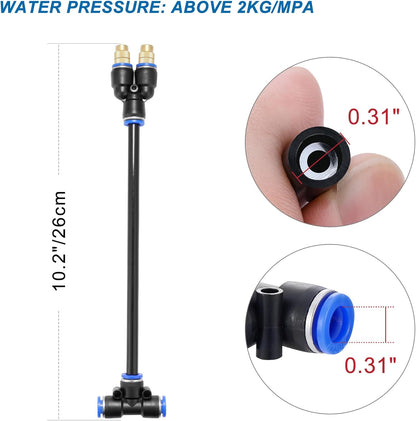 Mornajina 3Packs 2 Way Brass Misting Nozzles Tee with 9inch Built in Hose for Outdoor Cooling System, Adjustable 360° Rotation, Water Mister Nozzles Thread Sprayer 0.043" (1.1 mm)