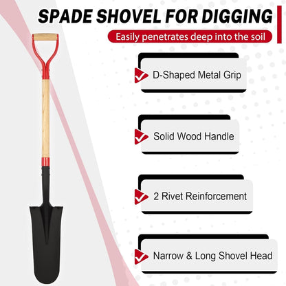 Drain Spade Shovel, Garden Drain Spade, Trenching Shovel, Woode D-Handle, Steel Y-Grip, 45 Inch Spade for Digging Transplanting & Edging (Red)