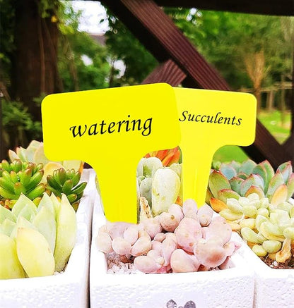 100 Pcs Yellow Thick Plastic Plant Labels Markers Tags Garden Re-Usable T-Type Sign with Marking Pen
