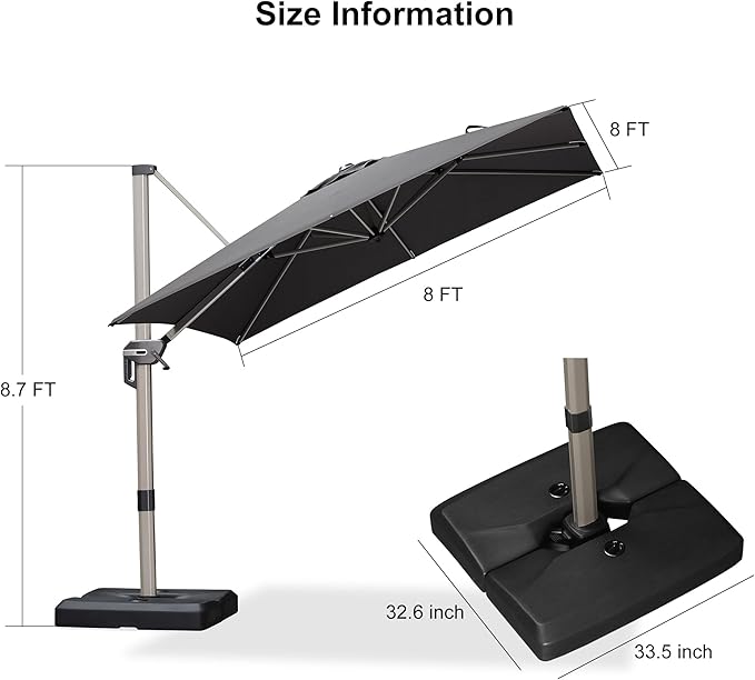 PURPLE LEAF Patio Umbrella with Base Included, 8ft Outdoor Aluminum Cantilever Umbrella with 360° Rotation, Champagne Offset Umbrella for Outdoor Garden Pool, Grey