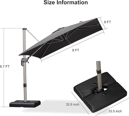 PURPLE LEAF Patio Umbrella with Base Included, 8ft Outdoor Aluminum Cantilever Umbrella with 360° Rotation, Champagne Offset Umbrella for Outdoor Garden Pool, Grey