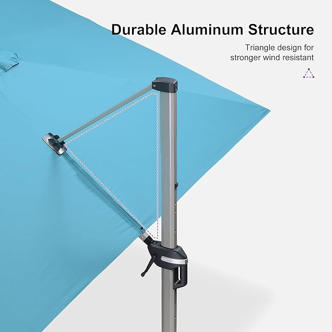 PURPLE LEAF 10' X 13' Patio Umbrella, Rectangle Outdoor Cantilever Umbrella, Aluminum Offset Umbrella with Champagne Frame and 360° Rotation for Pool Deck Garden, Turquoise Blue