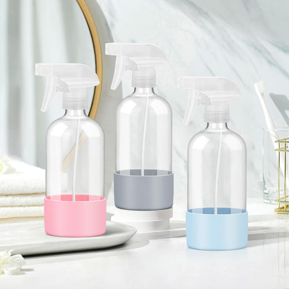 Glass Spray Bottles with Silicone Sleeve Protection, Empty 16 oz Refillable Containers, Reusable Spray Bottles with Adjustable Nozzle for Hair, Cleaning Solutions, 3 Pack Grey&Blue&Pink