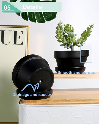 vensovo 4.5 Inch Black Terracotta Shallow Succulent Pots - 6 Pack Terra Cotta Clay Pot with Saucer, Cacuts Indoor and Outdoor Planters with Drainage Hole