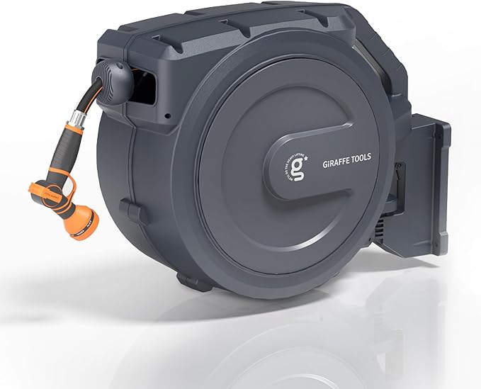 Giraffe Tools AW30 Retractable Garden Hose Reel 5/8inch x 62ft Hose Reels for Outside, with 9- Function Sprayer Nozzle, Any Length Lock/Slow Return System/Wall Mounted/180°Swivel Bracket