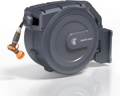 Giraffe Tools AW30 Retractable Garden Hose Reel 5/8inch x 62ft Hose Reels for Outside, with 9- Function Sprayer Nozzle, Any Length Lock/Slow Return System/Wall Mounted/180°Swivel Bracket